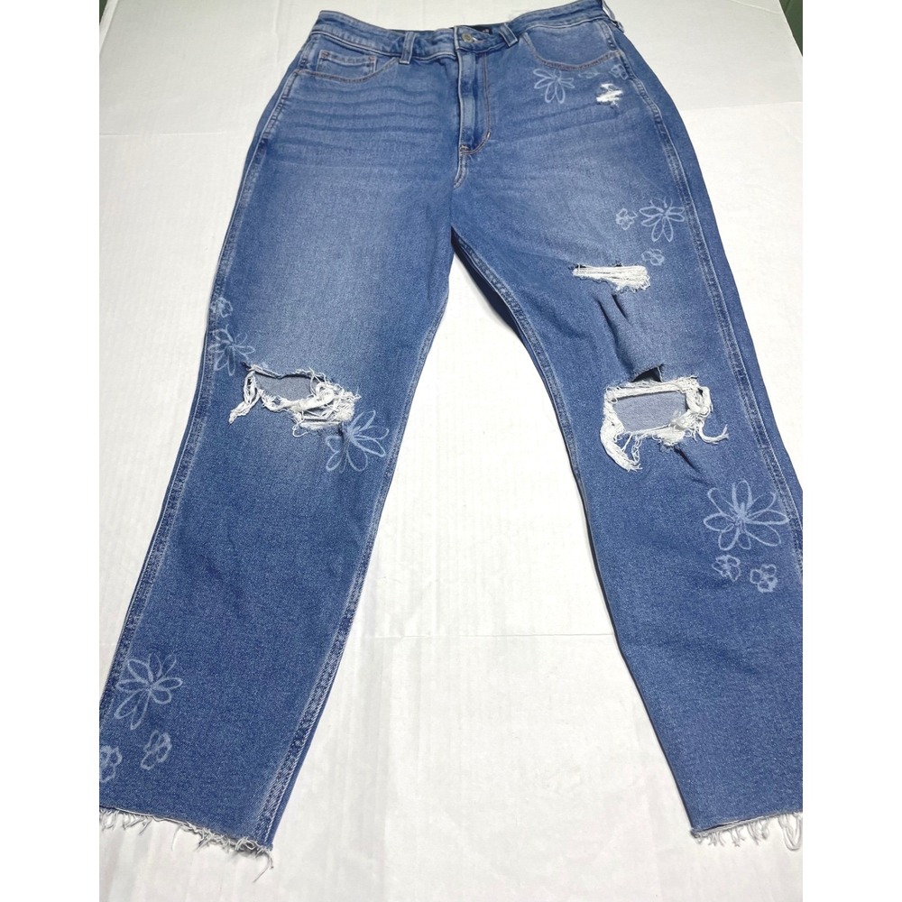Hollister Ultra High-Rise‎ Mom Jean 11R W30 L27 Floral Distressed Blue 355D2996